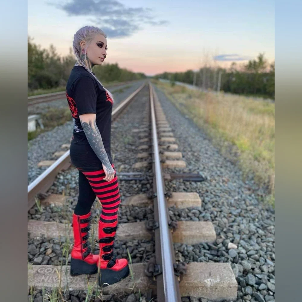 Dolls Kill Red and Black Combat Boots with Platform and Spikes - Picture 2 of 4